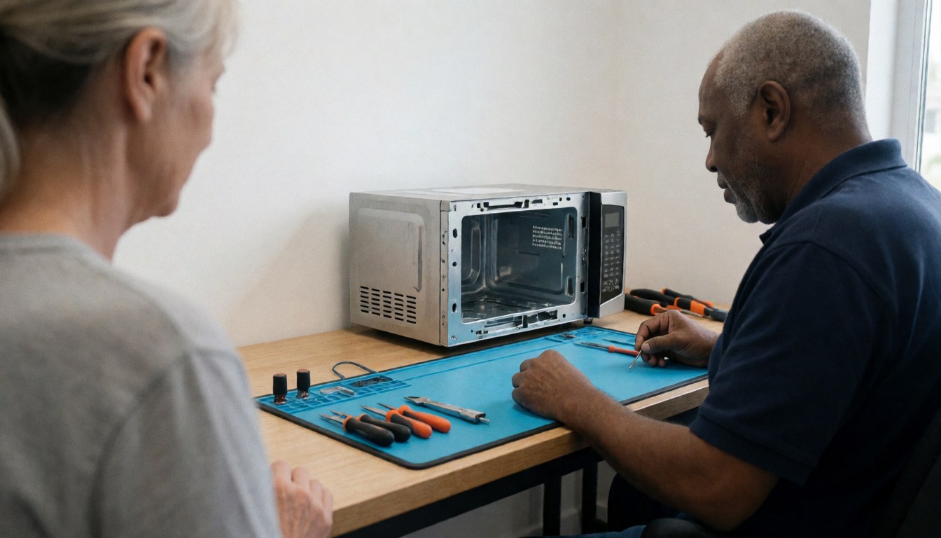 Technician repairing microwave on table with tools while customer observes from left