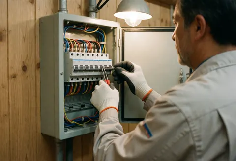 Electrician connecting wires in an electrical box with work light, wooden wall, safety gloves, tools, and professional atmosphere.