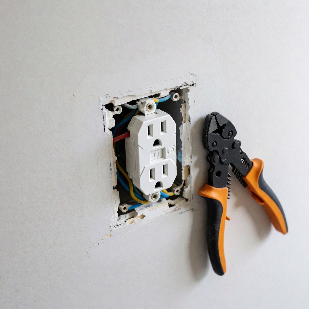 Newly installed white electrical outlet on a white wall with visible multicolored wires and black and orange pliers nearby