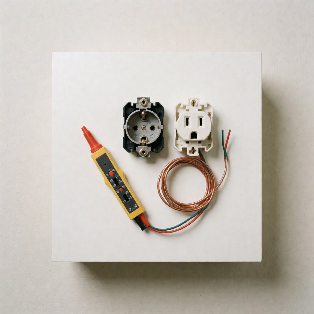 Disassembled electrical outlet with voltage tester and copper wires on a white surface for residential electricians