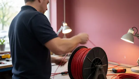 Professional electrician unspooling a large spool of red wire in a workshop with pink walls and work lights