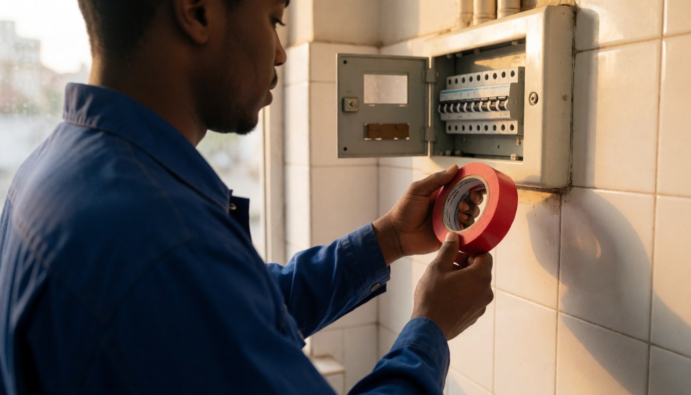 Professional electrician applying red tape to an electrical panel against a white tiled wall with warm lighting