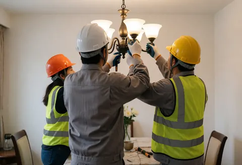 Three electricians in safety gear install a lit chandelier in a home dining area with a table and chairs.
