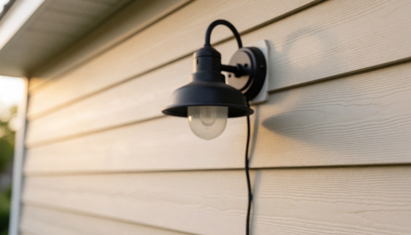 Black wall-mounted outdoor light fixture on beige horizontal siding with visible cable, emitting warm glow at dusk, suitable for residential electrician text background