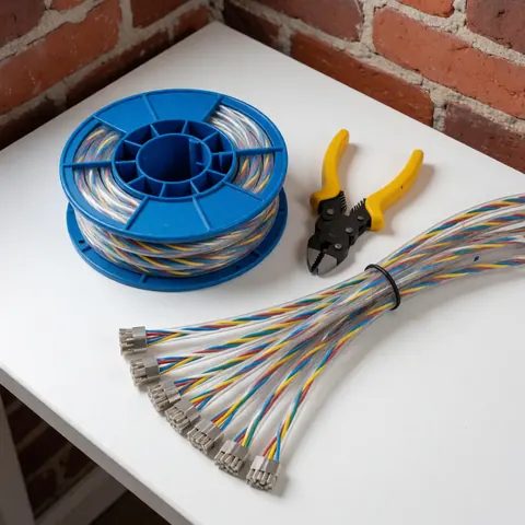 Blue UTP network cable spool and CAT6 cabling with connectors alongside yellow pliers on a white table with a red brick wall background