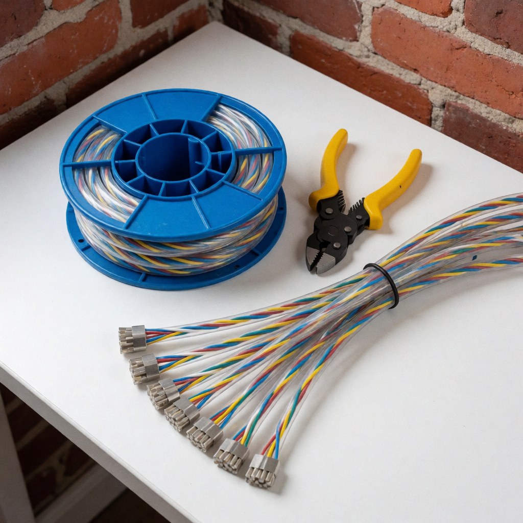 Blue UTP network cable spool and CAT6 cabling with connectors alongside yellow pliers on a white table with a red brick wall background