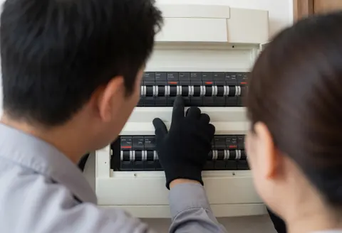 Electrician wearing a black glove inspecting a residential circuit panel while a client observes closely.