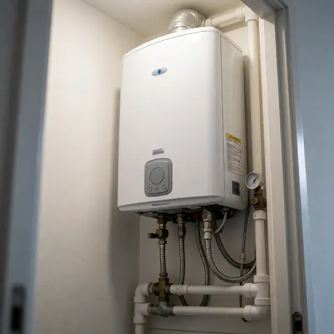 White instant water heater installed in a utility room with connected water and gas pipes under pressure and functional lighting.