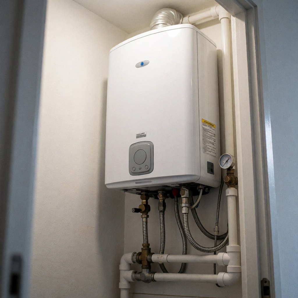 White instant water heater installed in a utility room with connected water and gas pipes under pressure and functional lighting.