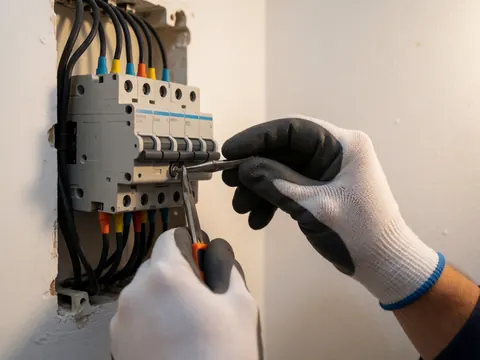 Close-up of a gloved hand tightening a terminal on an electrical switch with black cables and colorful insulators against a white wall.