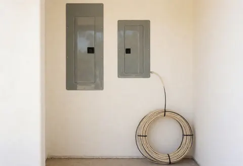 Wall-mounted electrical panel with installation wire coiled on the floor, suitable for home electrical projects.