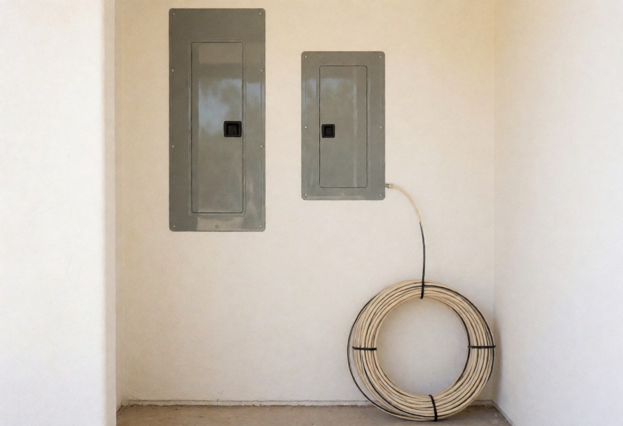 Wall-mounted electrical panel with installation wire coiled on the floor, suitable for home electrical projects.
