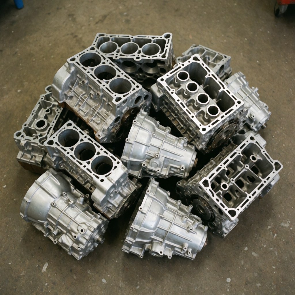 Stack of shiny polished aluminum engine components resting on a concrete floor, suitable for vehicle recycling and metal recovery.