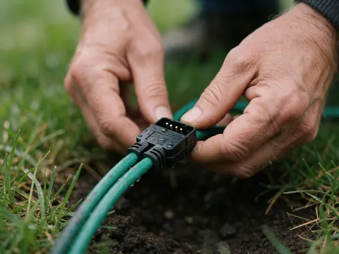Close-up of hands connecting a green wire with a black connector on the ground, showing outdoor electrical work and tools in a garden setting