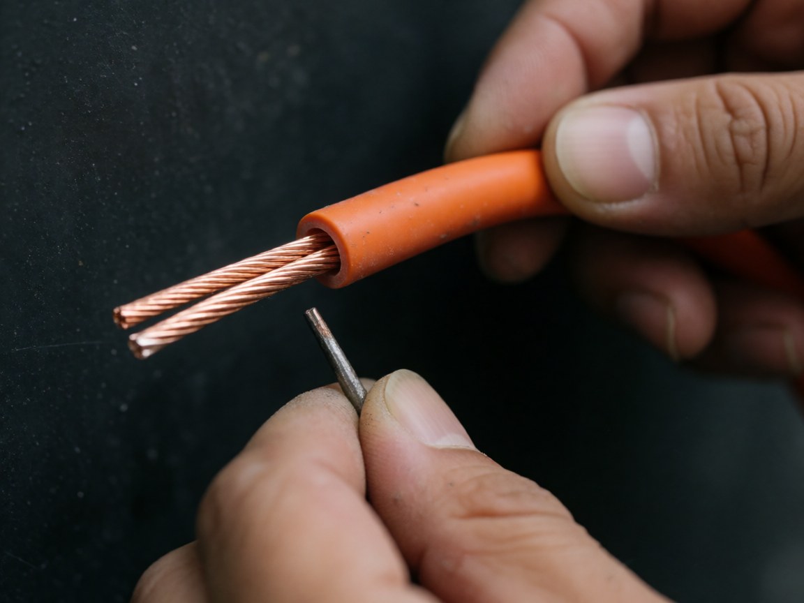 Close-up of an orange THW-2 insulated copper conductor being handled by a hand against a dark professional background.