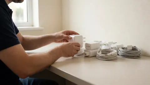 Hands organizing white phone chargers and cables on a clean counter with natural window light in a professional repair shop