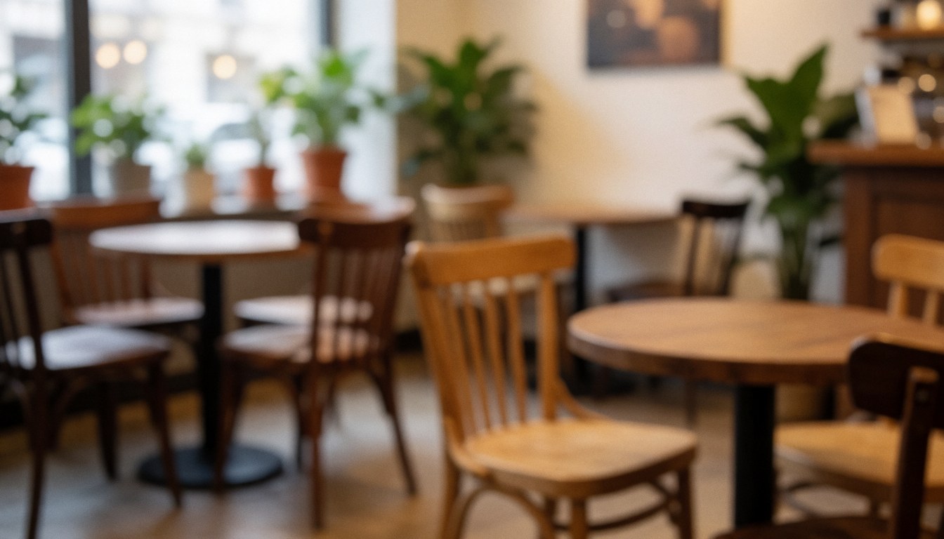 Background of a cafe with round tables, wooden chairs, green plants, and warm lighting, ideal for text overlay.