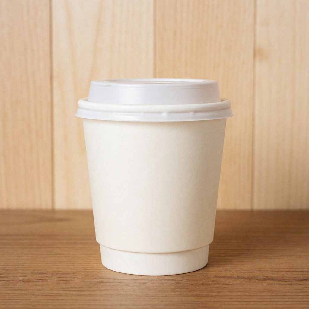 A disposable coffee cup with a white lid placed on a wooden table against a light wood panel background with bright clean lighting