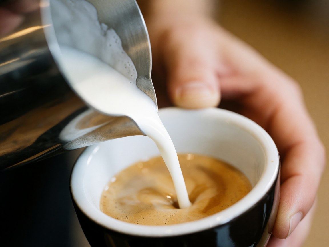 Milk being poured from a metal pitcher into a black espresso cup, creating a soft gradient with realistic liquid and metal textures against a blurred background.