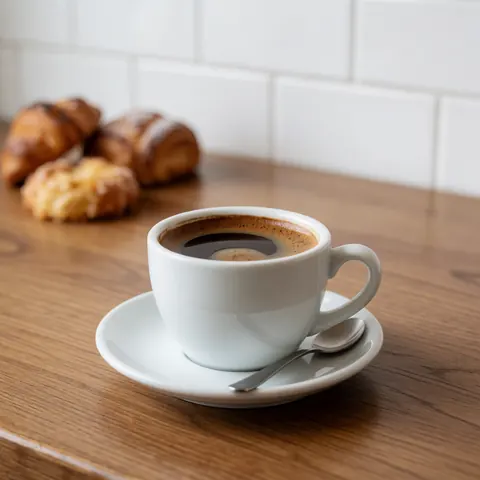 Mocha coffee in a white cup on a saucer with a spoon and croissants on a wooden table with a blurred background of white tiled wall