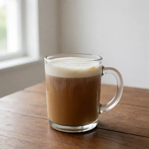 A glass of milk coffee with a foamy milk layer sits on a wooden table near a window with natural light.