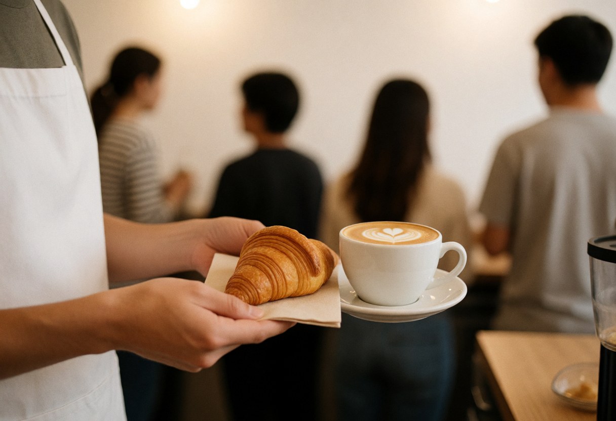 Barista serving a golden croissant and a cappuccino with heart-shaped latte art in a cafe with white walls and customers in the background.