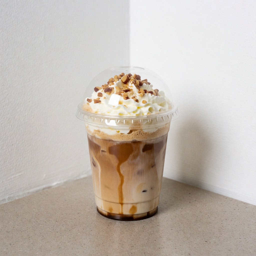 Iced coffee in a clear glass topped with whipped cream and chopped nuts on a light stone surface with white walls and natural lighting