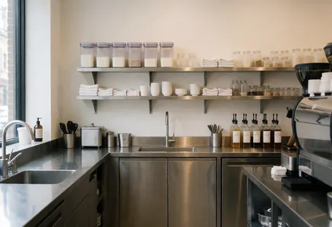 Metal shelves stocked with coffee supplies, plant milk containers, sugars, and white towels near a window