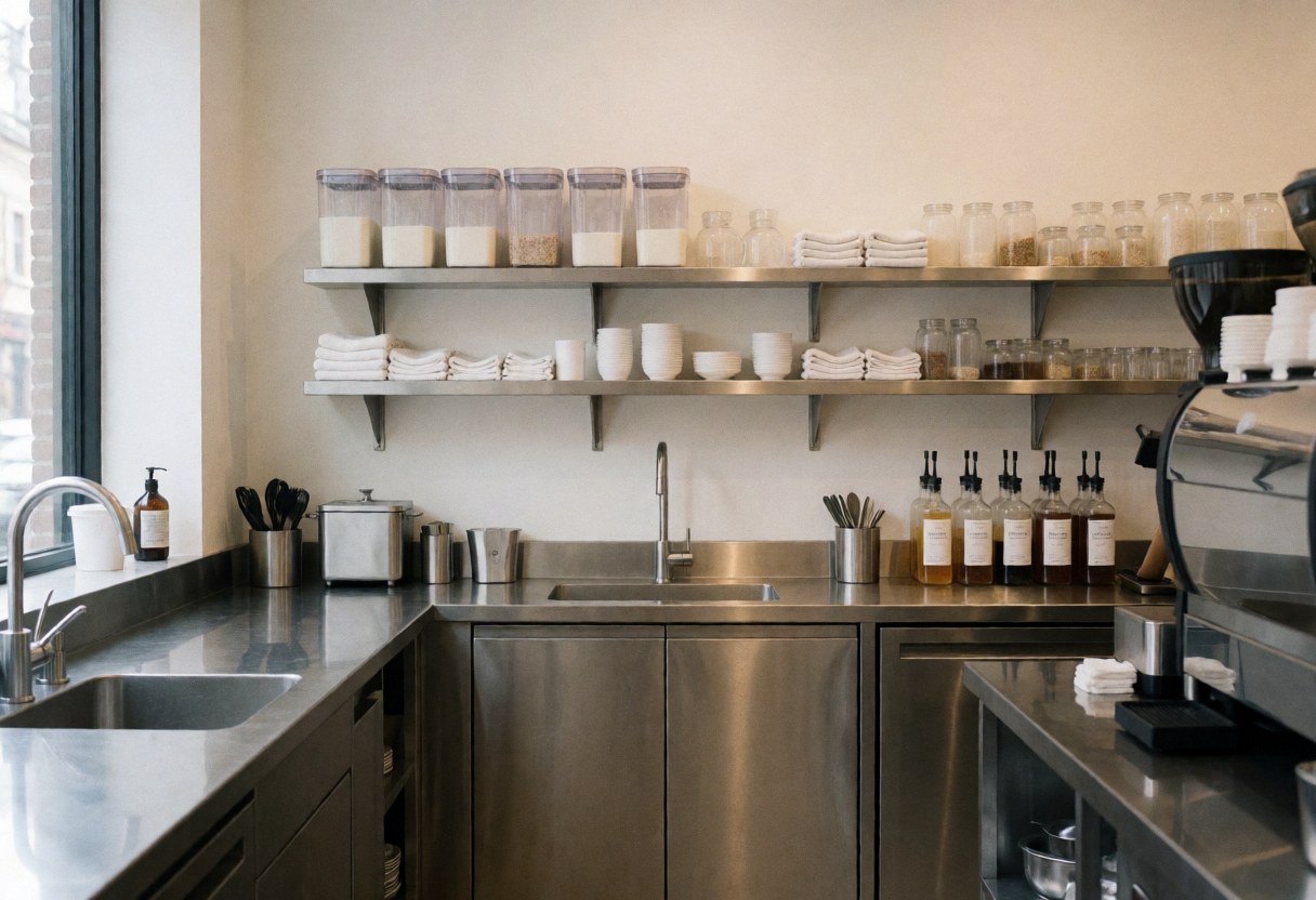 Metal shelves stocked with coffee supplies, plant milk containers, sugars, and white towels near a window