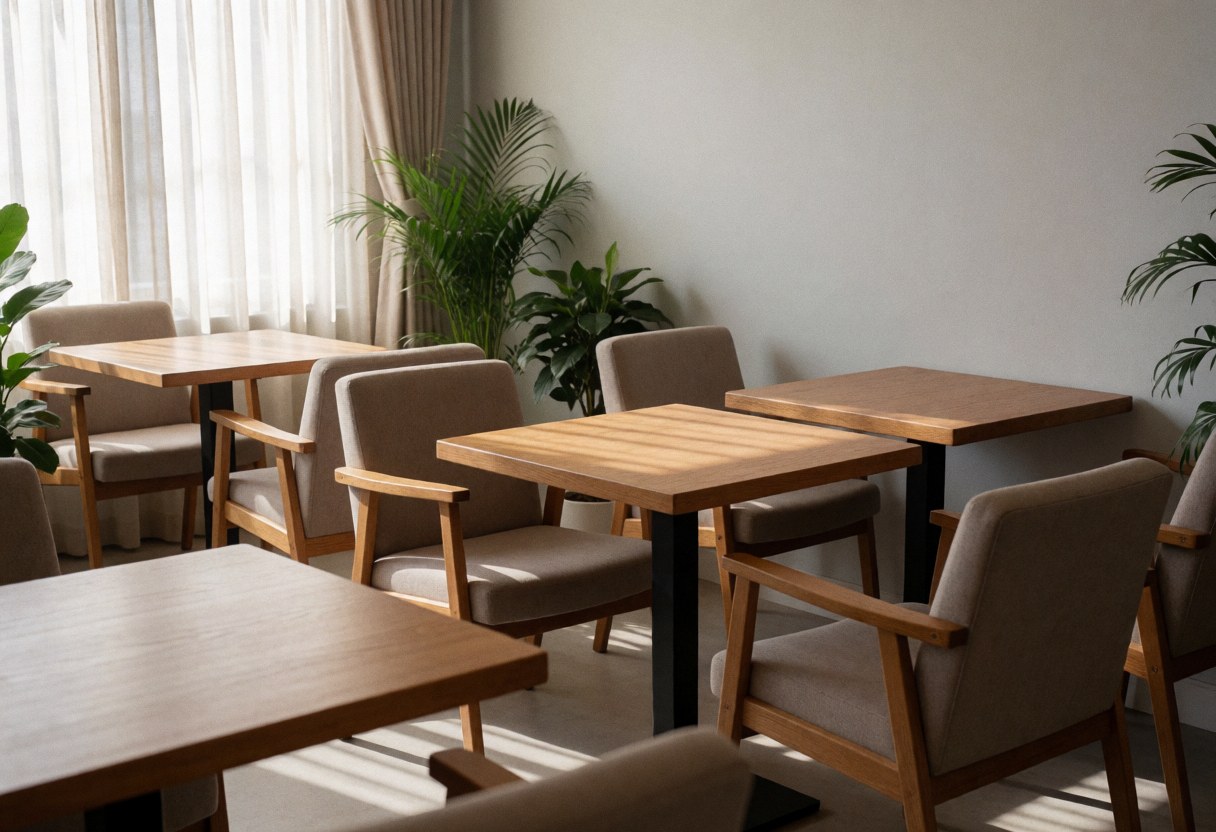 Interior of a cafe featuring wooden tables, upholstered chairs, green plants, and light walls illuminated by sunlight.