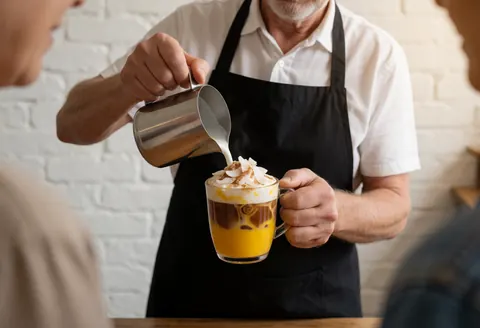 A barista pouring a refreshing mango and coconut beverage into a mug at a coffee shop with a white brick wall and warm lighting.