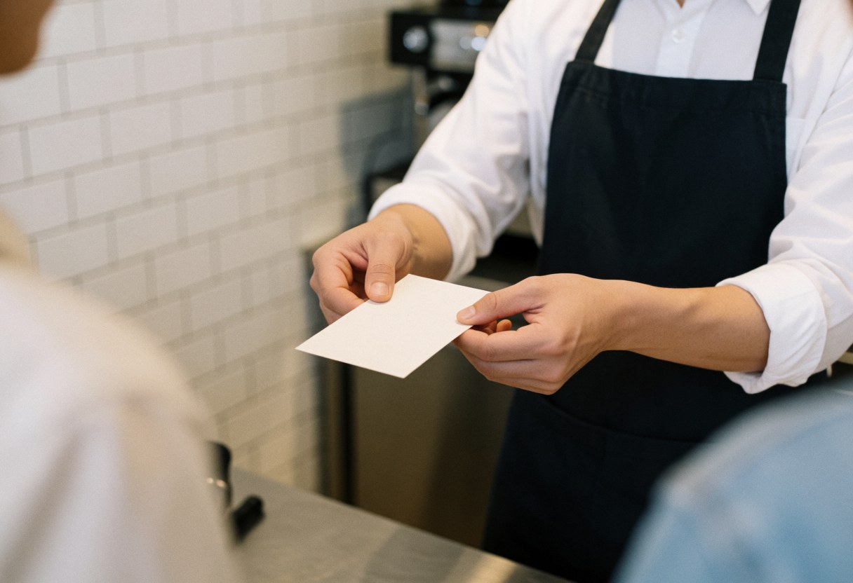 Barista showing a white menu to a client with hands and tools visible against a professional tiled kitchen background