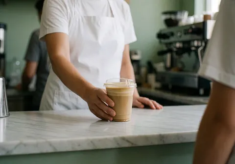 Barista in a white apron pouring coffee into a transparent cup with a lid on a marble counter against a blurred green wall.