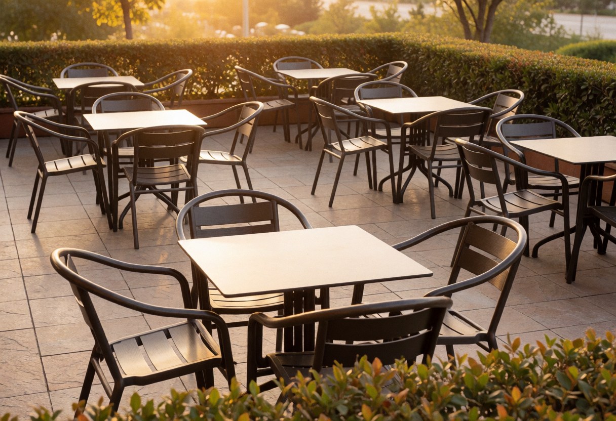 Outdoor cafe terrace featuring metal tables and chairs on a stone floor, surrounded by green hedges and bathed in warm golden light.