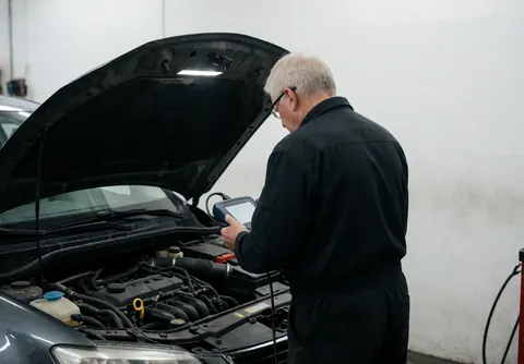 Mechanic using diagnostic tool on open engine in workshop