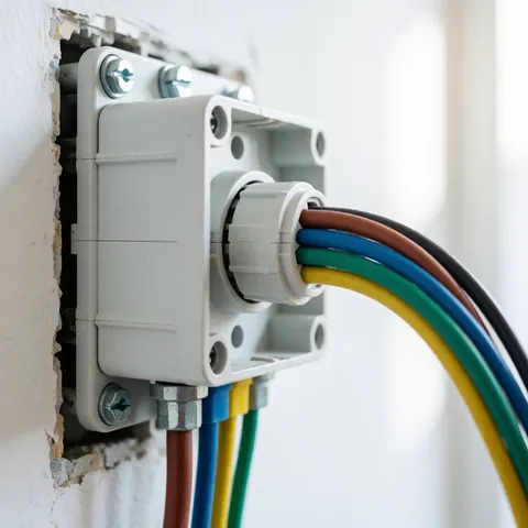 White wall-mounted electrical junction box with brown, blue, green, and yellow wires exiting a sealed conduit, suitable for residential electricians.
