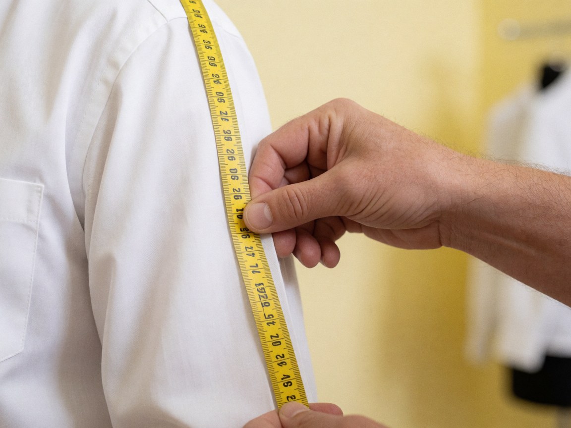Close-up of a tailor's hand measuring a white shirt sleeve with a yellow tape measure in a sewing workshop