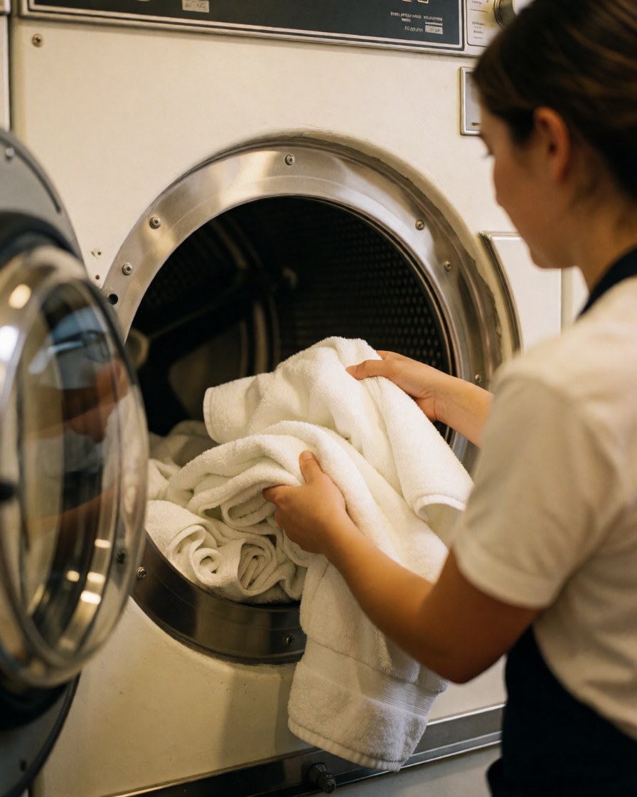 A woman places clean white towels into a stainless steel dryer in a bright, clean laundry setting.