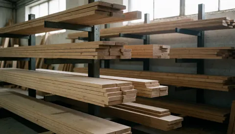 Stacks of oak and pine lumber on metal workshop shelves with natural light from high windows and a blurred background suitable for text.