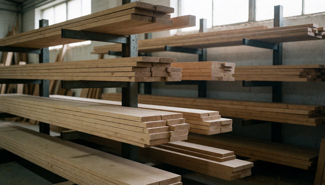 Stacks of oak and pine lumber on metal workshop shelves with natural light from high windows and a blurred background suitable for text.