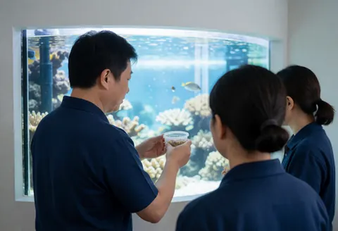 Three uniformed staff members observe an aquarium filled with coral and fish, with one holding a container of fish food.