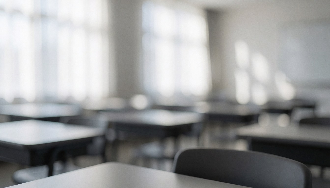 Empty modern classroom with tables and chairs, soft natural light, ideal background for robotics course text