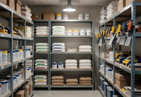 Organized plaster supply warehouse with metal shelves, stacked bags of plaster, paint cans, and hanging tools under industrial lighting.