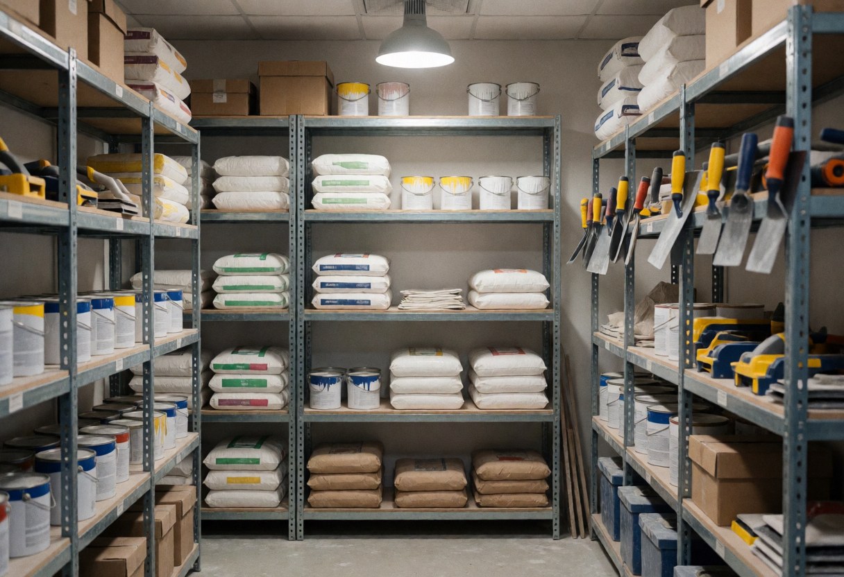 Organized plaster supply warehouse with metal shelves, stacked bags of plaster, paint cans, and hanging tools under industrial lighting.
