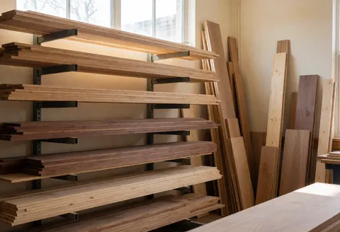 Metal shelves stocked with oak, walnut, and pine boards in a bright, organized carpentry workshop with beige walls.