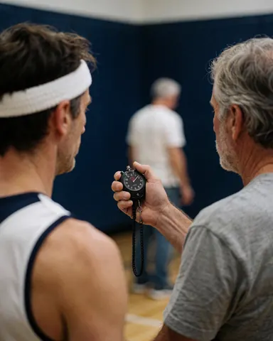 Volleyball coach holding a stopwatch while an athlete wearing a headband looks on against a dark blue wall