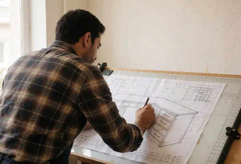 Carpenter sketching a furniture design on a work table using a ruler and pencil with natural window light and warm white walls