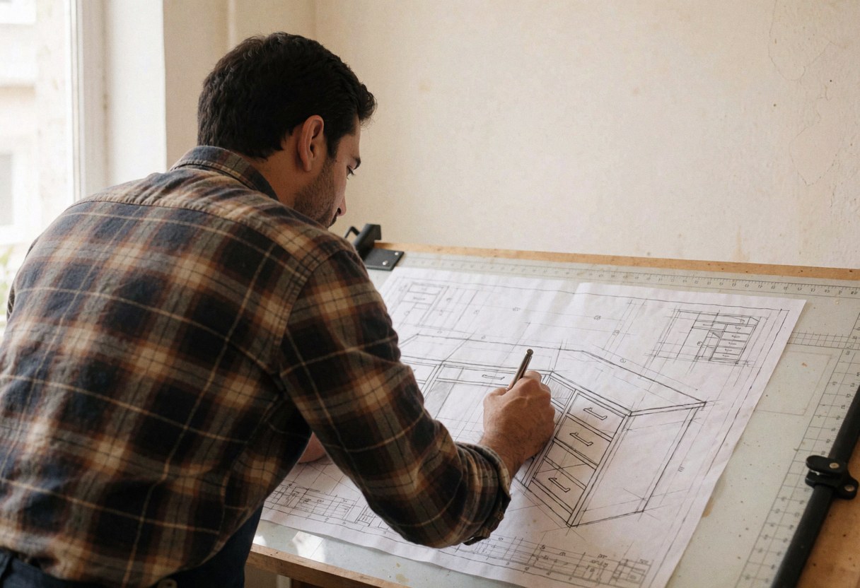 Carpenter sketching a furniture design on a work table using a ruler and pencil with natural window light and warm white walls