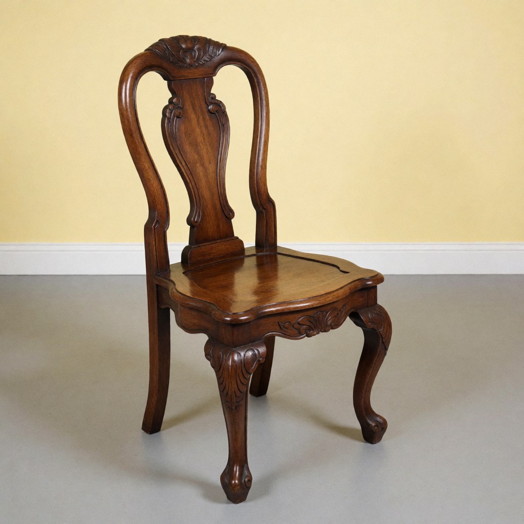 Restored antique wooden chair with glossy finish and carved details on gray floor against pale yellow wall