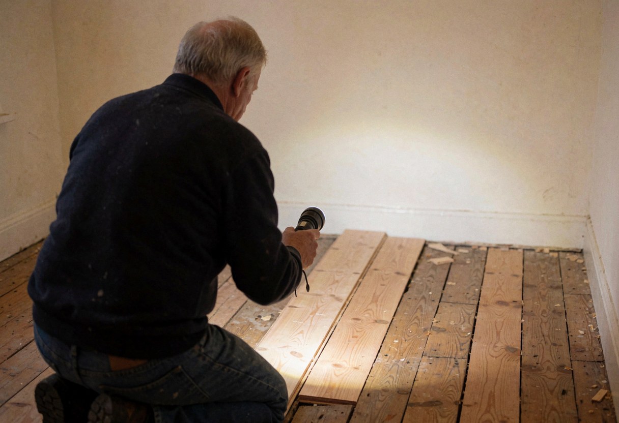 Carpenter inspecting a wooden floor plank with a flashlight in a professional setting